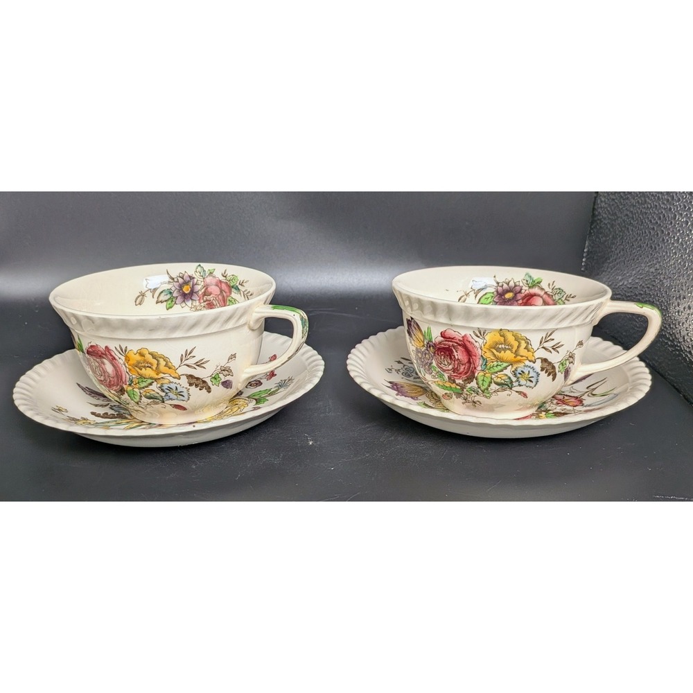 Windsor Ware Johnson Brothers Garden Bouquet Tea Cups and Saucers Set of 2